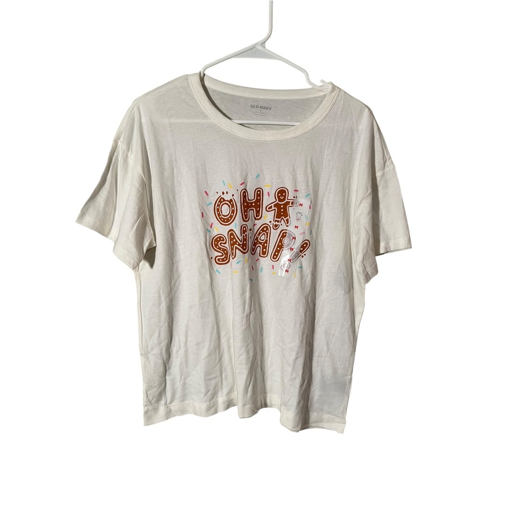 Old Navy Women's Size Medium Pajama Top White Tan Oh Snap Gingerbread Gingersnap